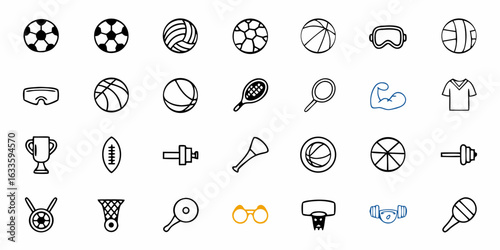 Sports equipment vector icons set for games and fitness activities including balls trophy and more design element icons collection on transparent background