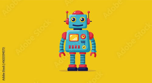 Friendly retro-style blue robot with red accents, set against a gold backdrop