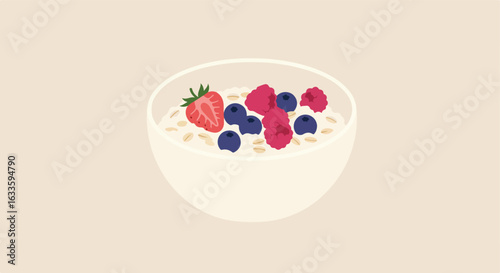 Cereal with berries in white bowl on light background