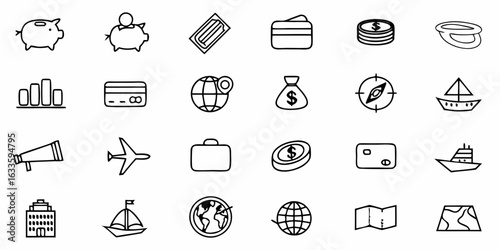 Set of travel and business icons including piggy bank, credit card, airplane, and world map vector icon icons collection on transparent background