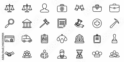 Law and justice vector icons set court legal elements scales judge gavel document lawyer and more icons 100 icons collection on transparent background