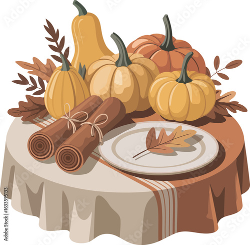 Harvest Bounty Still Life with Pumpkins, Cinnamon Sticks, and Rustic Table Setting Art
