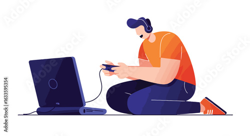 Kneeling person playing a video game on a laptop