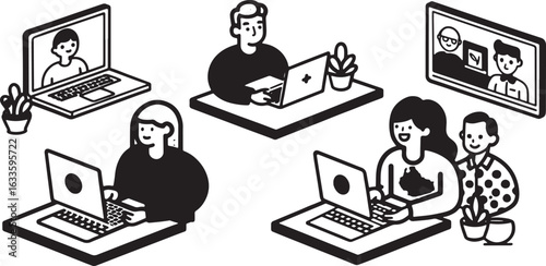 Diverse people collaborating and working on laptops and video calls collaboration technology
