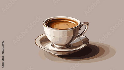 Elegant coffee cup with saucer featuring rich coffee on minimalistic background