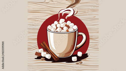 Cozy hot chocolate cup topped with marshmallows and cinnamon on wooden background