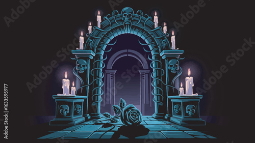 Mysterious Skull Archway with Candles and a Rose in a Dark, Enigmatic Chamber