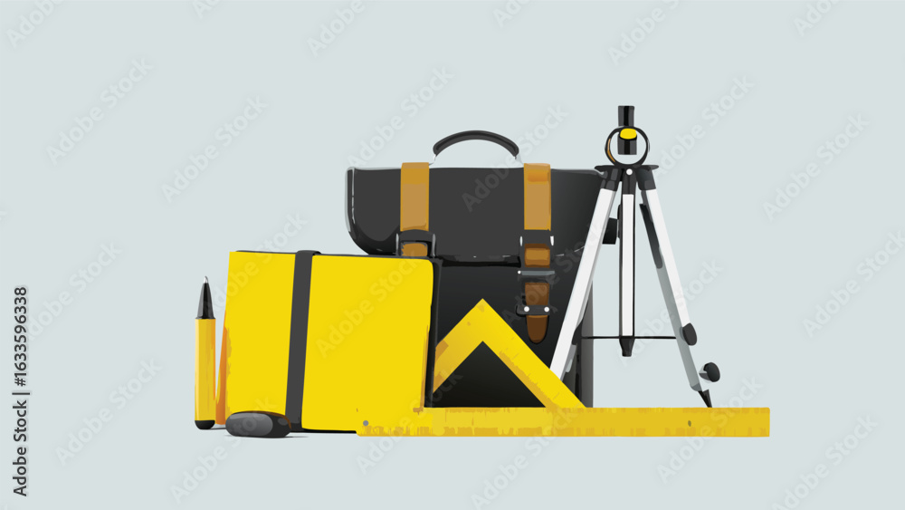 Fototapeta premium Illustration of a black satchel with a yellow notebook pen ruler and level on a tripod stand