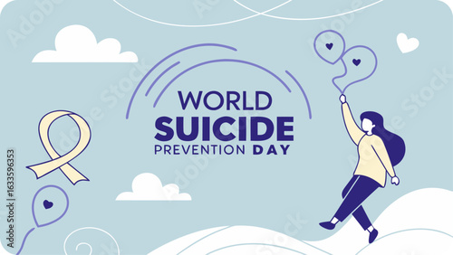 Illustration for world suicide prevention day featuring a ribbon and balloons to promote awareness and support