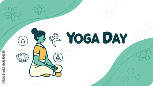 Illustration for international yoga day featuring a woman in a meditative pose surrounded by symbolic elements promoting wellness and peace