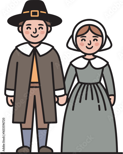 Pilgrim Couple Holding Hands with Smiling Faces on Transparent Background Illustration