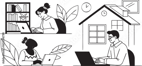 People working on laptops at home with bookshelves and house illustration work from home remote work