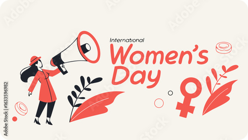 Celebrate international womens day with a megaphone, feminism symbol and plants to promote female equality and power isolated on white background