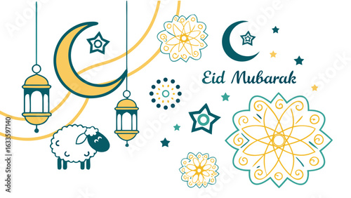 Celebrate eid mubarak with a beautiful design featuring a moon, star, lantern, and sheep isolated on white background for a special occasion