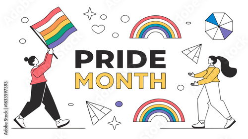 Celebrate pride month with rainbow flags, hearts, and geometric shapes isolated on white background