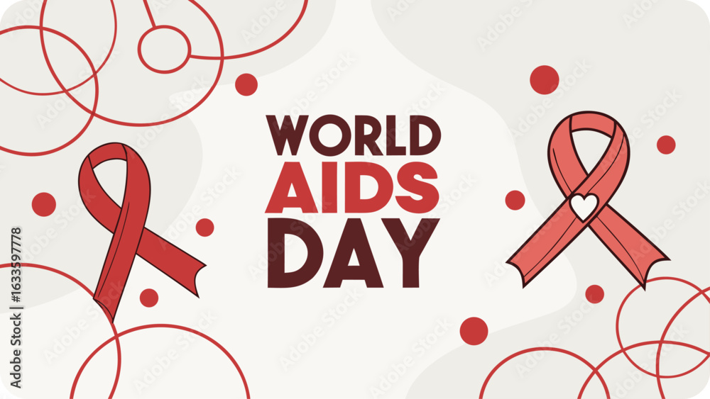 Naklejka premium World aids day awareness poster with red ribbon symbolizing support for people living with hiv and solidarity in the global effort