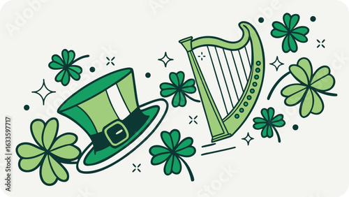 Illustration of a green leprechaun hat and harp surrounded by shamrocks for st patricks day celebration