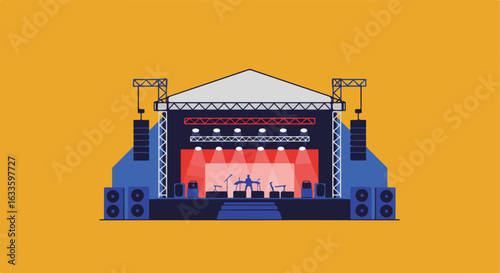 Illustration of a stage, set for live music, under spotlights