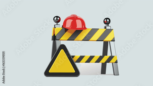 A construction barrier with a red hard hat and a yellow caution sign on a light gray background