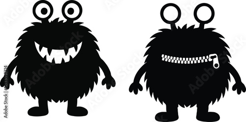 A pair of cute black monster silhouettes. One creature has a happy toothy smile, while the other has a zipped mouth, symbolizing silence or secrets.