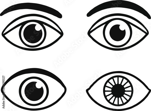 Collection of human eye vector icons. Stylized representations of vision, sight, and looking, isolated on a white background.