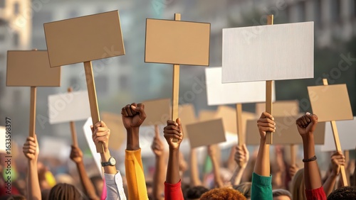 Protest march demonstration rally with signs and raised fists for social justice and political change