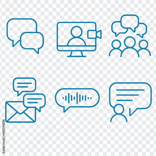A set of six clean line art icons representing various forms of communication and messaging all isolated on a transparent background