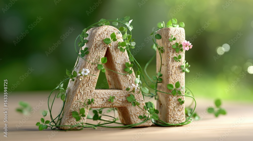 Fototapeta premium Creative representation of artificial intelligence letters surrounded by greenery in a natural setting