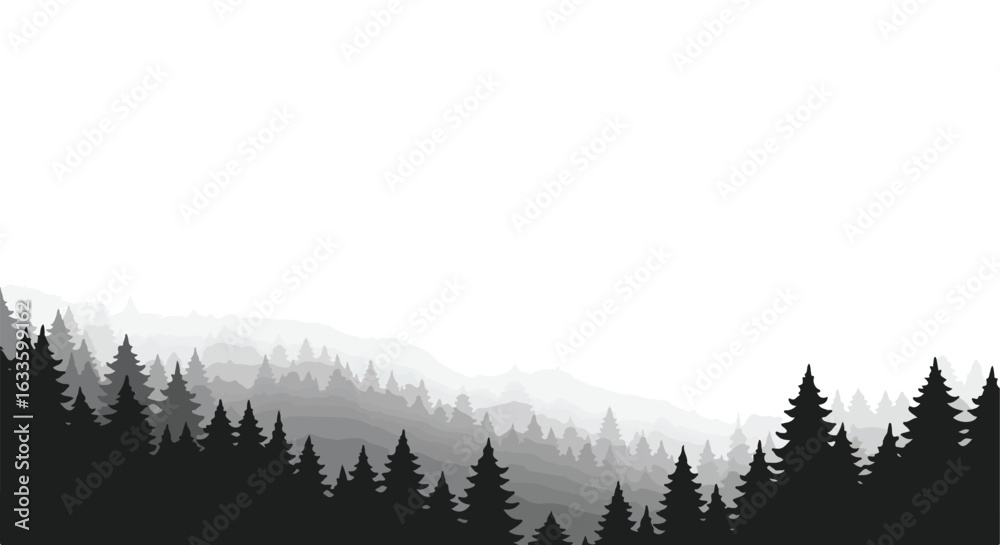 Obraz premium Mountainous grayscale silhouette forest illustration, hazy