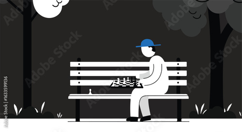 Stylized view of a man playing chess alone on a park bench at night