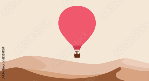 Hot air balloon rises over desert sands, minimal design, soft, earthy tones