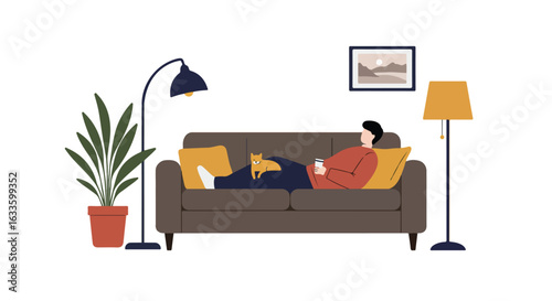 A person and cat lounge on a sofa with lamps and a plant inside