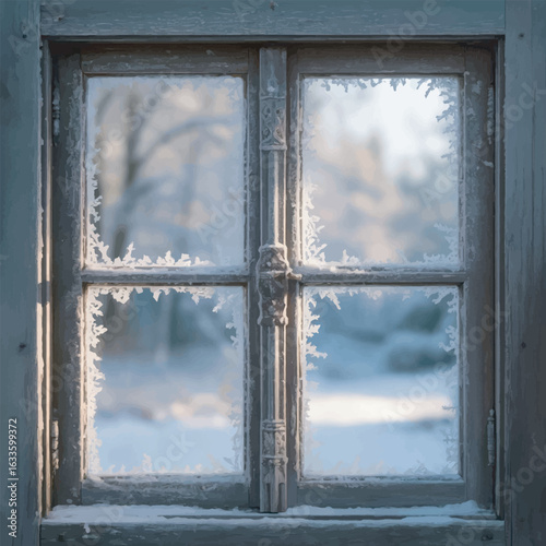 Winter Window Pane with Frosty Edges Capturing the Serene Beauty of a Snowy Outdoor Scene