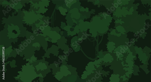Dark green dense foliage, with some hanging vines