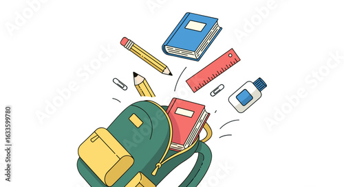 Back to School Essentials: A playful illustration captures a school bag brimming with essential supplies, including books, pencils, and other educational tools.