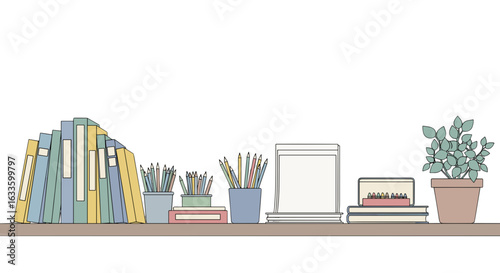 Bookshelf Still Life: A meticulously arranged bookshelf showcases a curated selection of books, stationery, and a potted plant, evoking a sense of organized tranquility and creative inspiration.