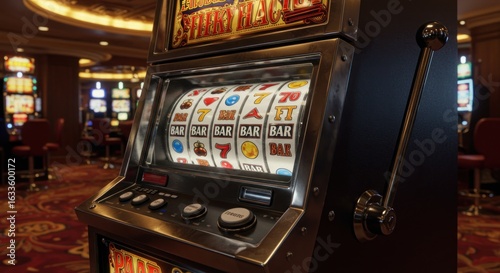 Classic one-armed bandit slot machine in a casino, promising potential jackpot wins and immersive
