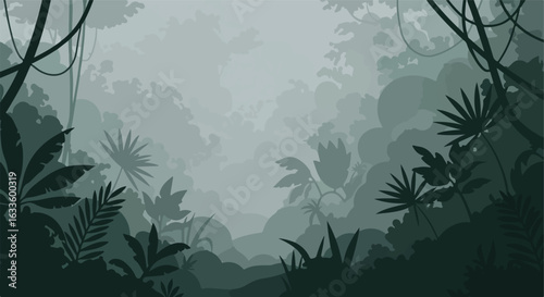 Lush jungle scene with layered foliage and hanging vines in muted, earthy tones