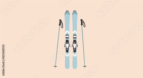 Two light blue skis with poles against a peach background