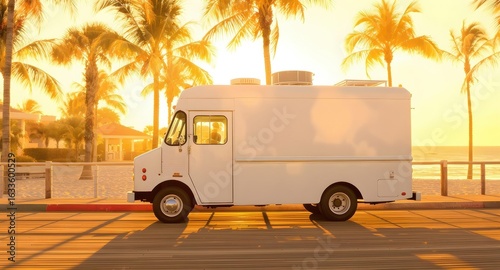 Blank White Food Truck Mockup Parked on a Sunny Tropical Beach Boardwalk at Golden Hour, Perfect for Branding and Design