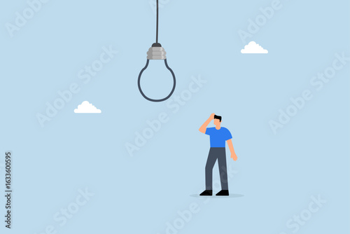 Business risk, skeptical businessman looking at light bulb idea thinking it looks like noose trap