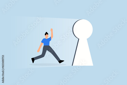 Life changing opportunity,  hopeful motivated businesswoman steps through the keyhole of a bright door