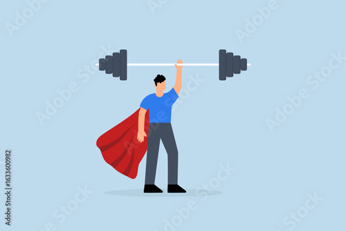 Business Strengths, strong businessman hero shows his strength by easily lifting heavy weight.