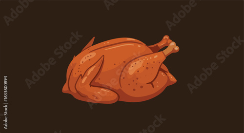 Roasted chicken with golden skin sits against a dark background