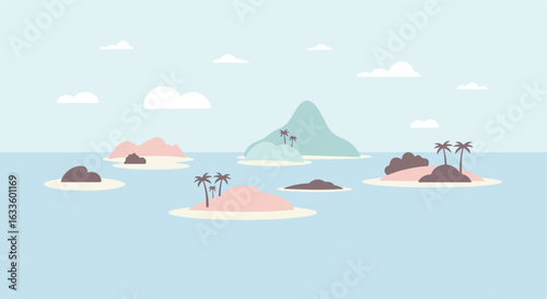 Cartoon of islands with pastel sky and water, palm trees on the islands