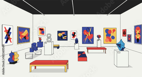 Art gallery with paintings and sculptures in vibrant colors