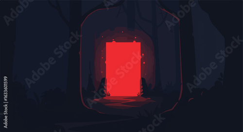 A bright red portal in a dark forest illuminates the path ahead