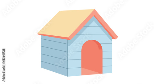 Cute doghouse with light blue siding, red trim and round door, and a beige roof