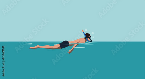 Person snorkeling in aqua water, bubbles near head, wearing swim trunks and mask