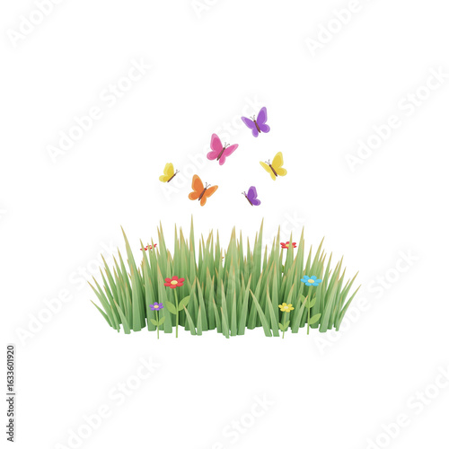3D A vibrant meadow with green grass and flowers under a sunny spring sky